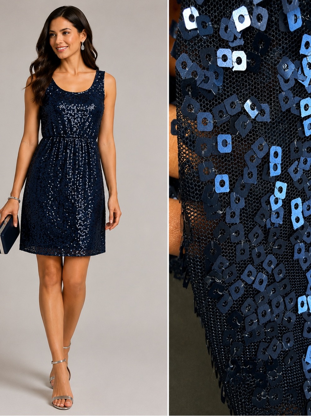 Calvin Klein Navy Blue Sequin Party Cocktail Dress PM Petite Medium Fit & Flare